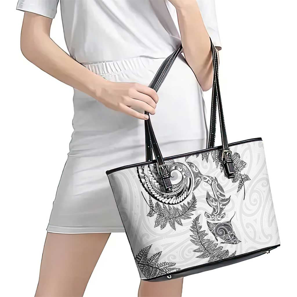 New Zealand Sea Animals with Maori Tribal Tattoo Leather Tote Bag Shark Manta Ray with Silver Fern White LT03 - Polynesian Pride