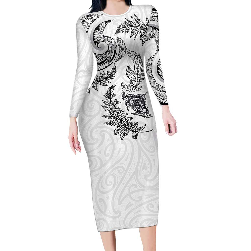 New Zealand Sea Animals with Maori Tribal Tattoo Long Sleeve Bodycon Dress Shark Manta Ray with Silver Fern White LT03 Long Dress White - Polynesian Pride