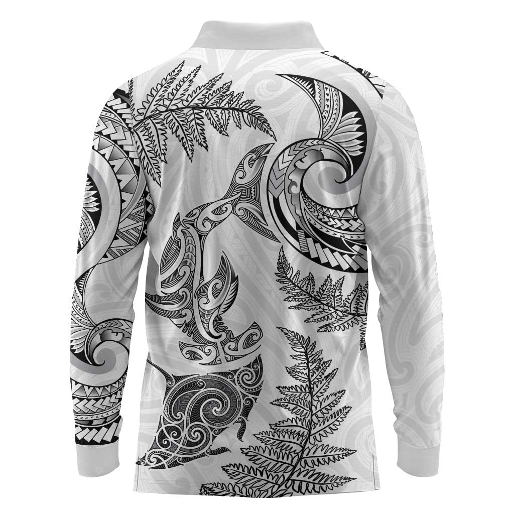 New Zealand Sea Animals with Maori Tribal Tattoo Long Sleeve Polo Shirt Shark Manta Ray with Silver Fern White LT03 - Polynesian Pride