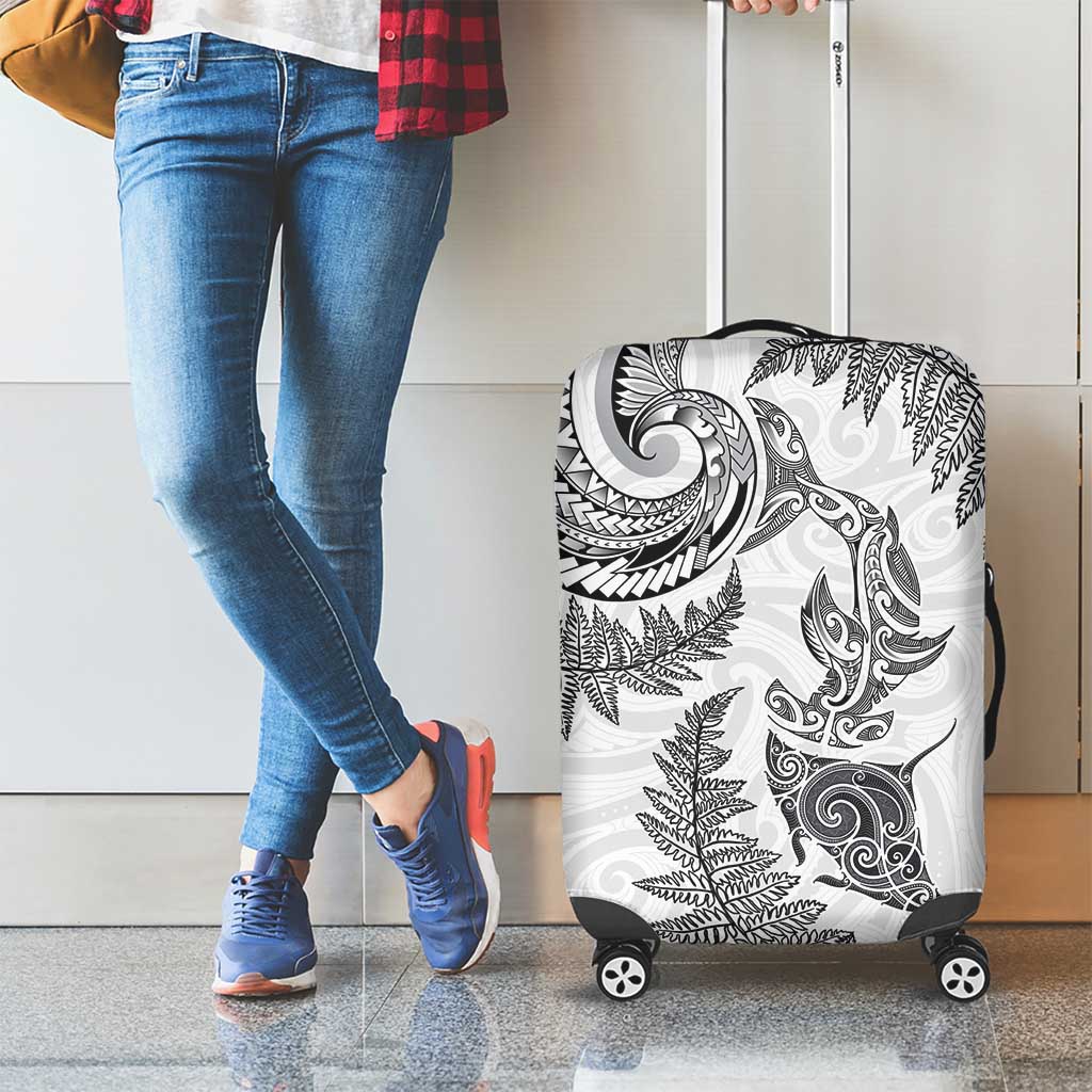 New Zealand Sea Animals with Maori Tribal Tattoo Luggage Cover Shark Manta Ray with Silver Fern White LT03 - Polynesian Pride