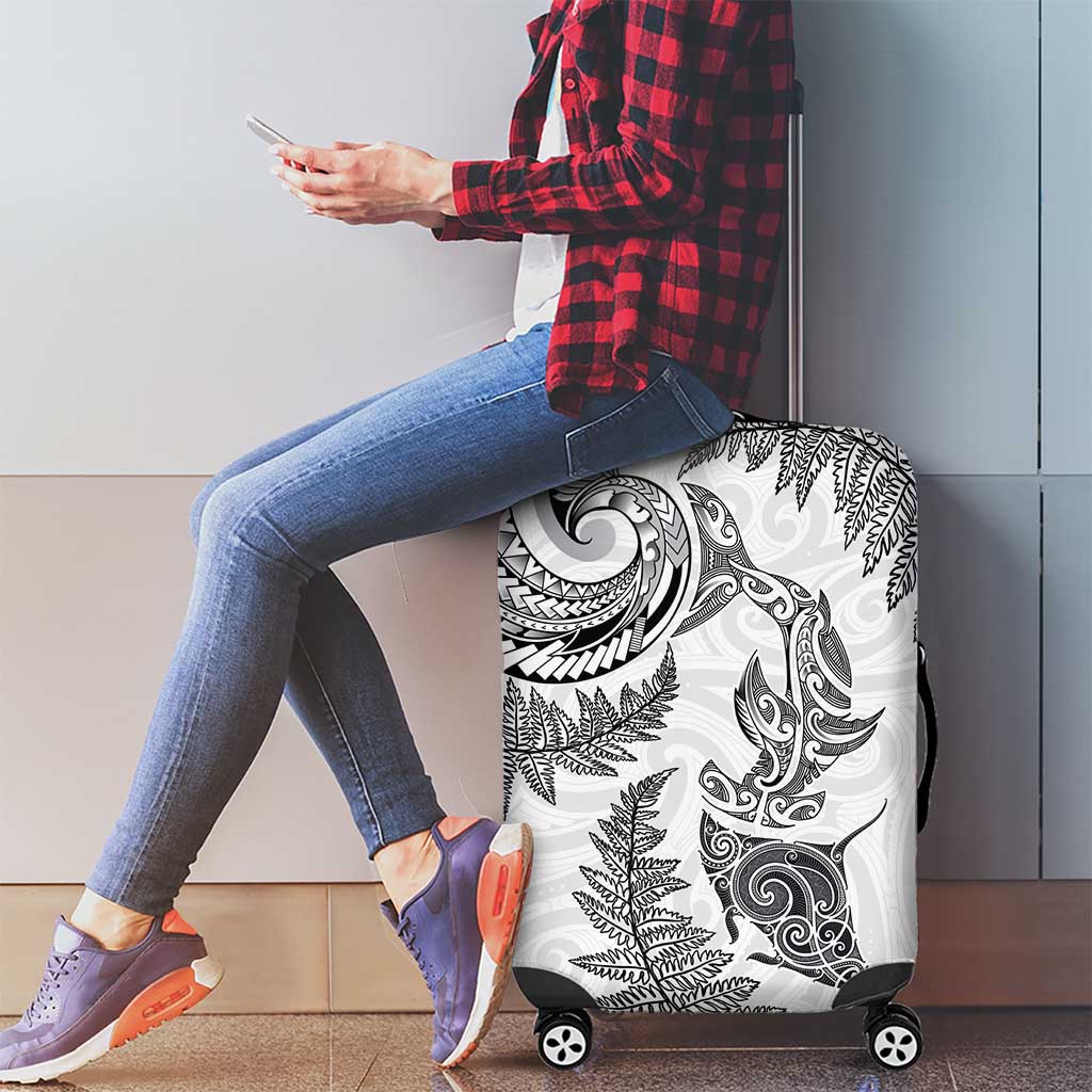 New Zealand Sea Animals with Maori Tribal Tattoo Luggage Cover Shark Manta Ray with Silver Fern White LT03 - Polynesian Pride