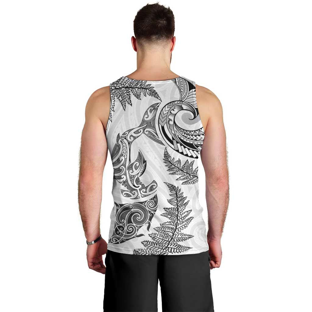 New Zealand Sea Animals with Maori Tribal Tattoo Men Tank Top Shark Manta Ray with Silver Fern White LT03 - Polynesian Pride