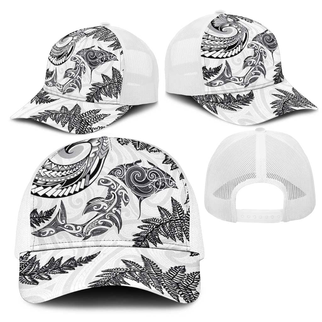 New Zealand Sea Animals with Maori Tribal Tattoo Mesh Trucker Cap Shark Manta Ray with Silver Fern White LT03 - Polynesian Pride