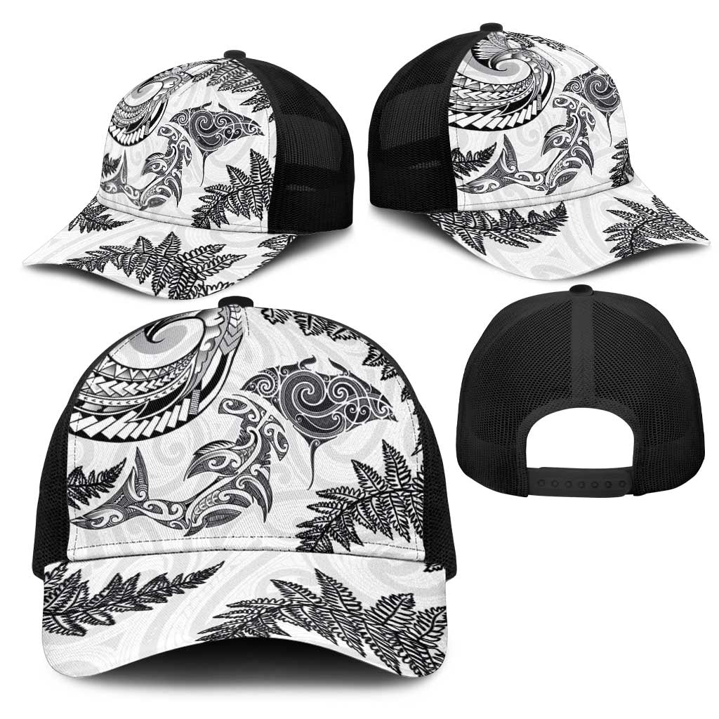 New Zealand Sea Animals with Maori Tribal Tattoo Mesh Trucker Cap Shark Manta Ray with Silver Fern White LT03 - Polynesian Pride