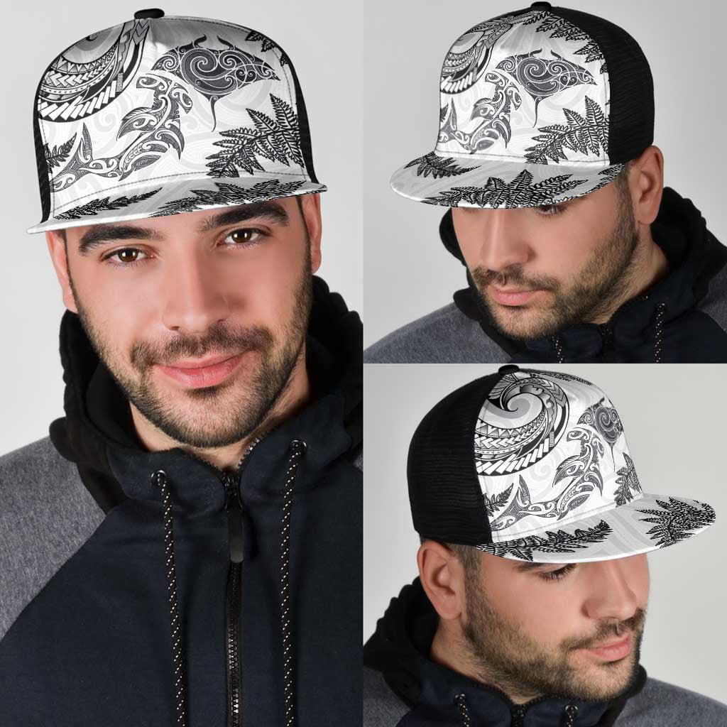 New Zealand Sea Animals with Maori Tribal Tattoo Mesh Trucker Cap Shark Manta Ray with Silver Fern White LT03 - Polynesian Pride