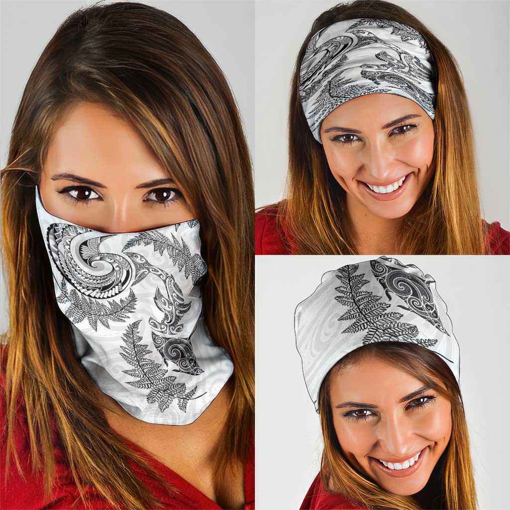 New Zealand Sea Animals with Maori Tribal Tattoo Neck Gaiter Shark Manta Ray with Silver Fern White LT03 - Polynesian Pride
