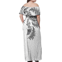 New Zealand Sea Animals with Maori Tribal Tattoo Off Shoulder Maxi Dress Shark Manta Ray with Silver Fern White LT03 - Polynesian Pride