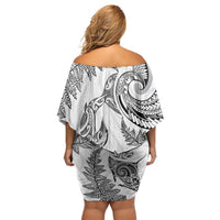 New Zealand Sea Animals with Maori Tribal Tattoo Off Shoulder Short Dress Shark Manta Ray with Silver Fern White LT03 - Polynesian Pride