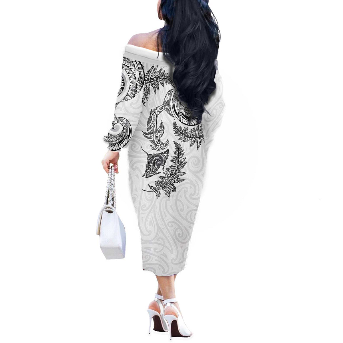 New Zealand Sea Animals with Maori Tribal Tattoo Off The Shoulder Long Sleeve Dress Shark Manta Ray with Silver Fern White LT03 - Polynesian Pride