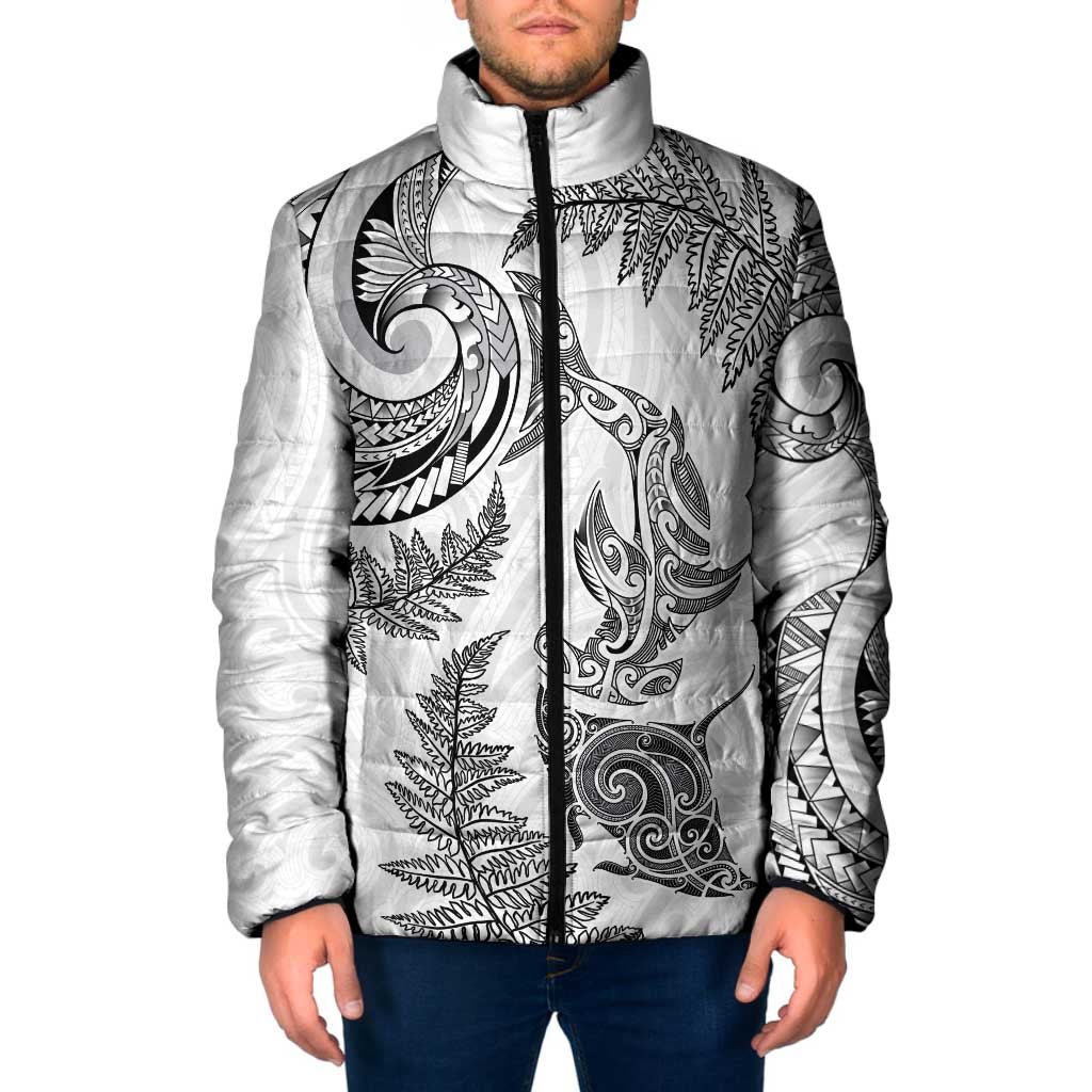 New Zealand Sea Animals with Maori Tribal Tattoo Padded Jacket Shark Manta Ray with Silver Fern White LT03 Men White - Polynesian Pride