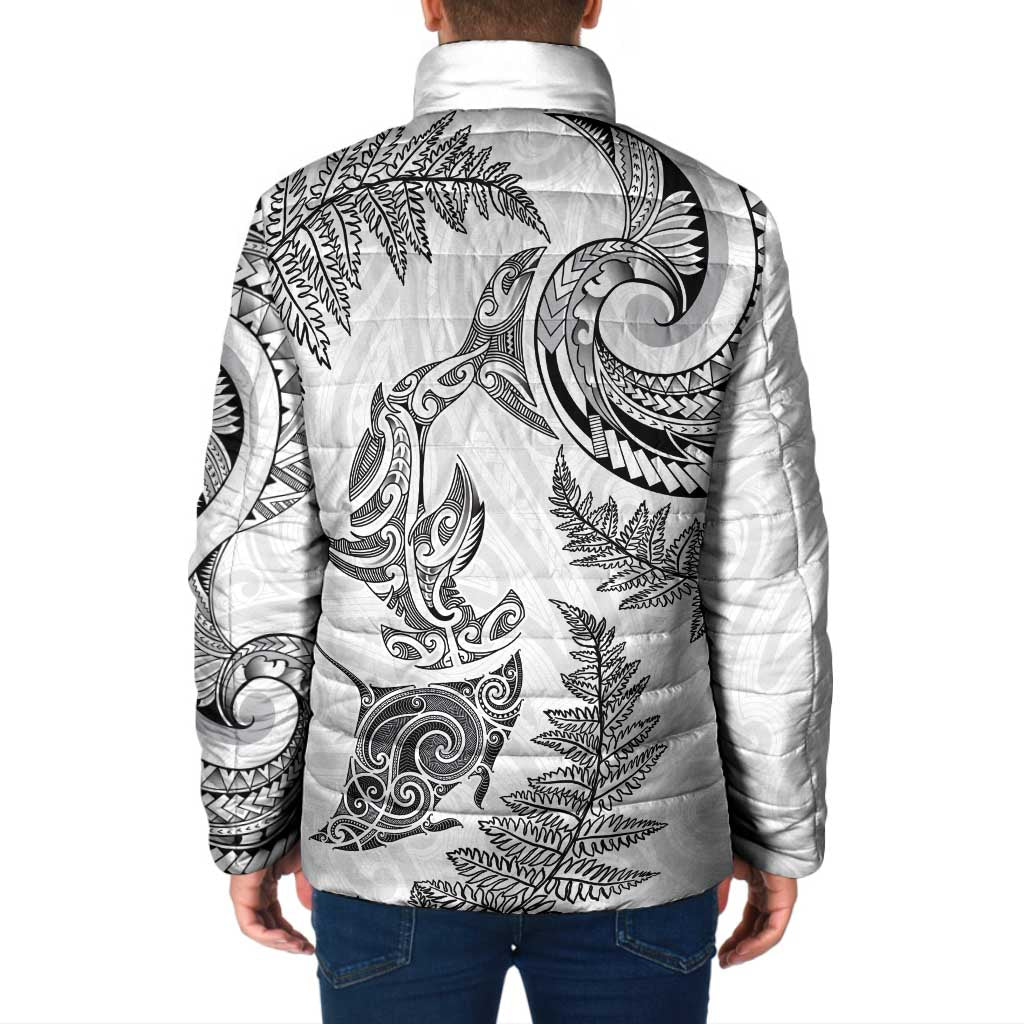 New Zealand Sea Animals with Maori Tribal Tattoo Padded Jacket Shark Manta Ray with Silver Fern White LT03 - Polynesian Pride