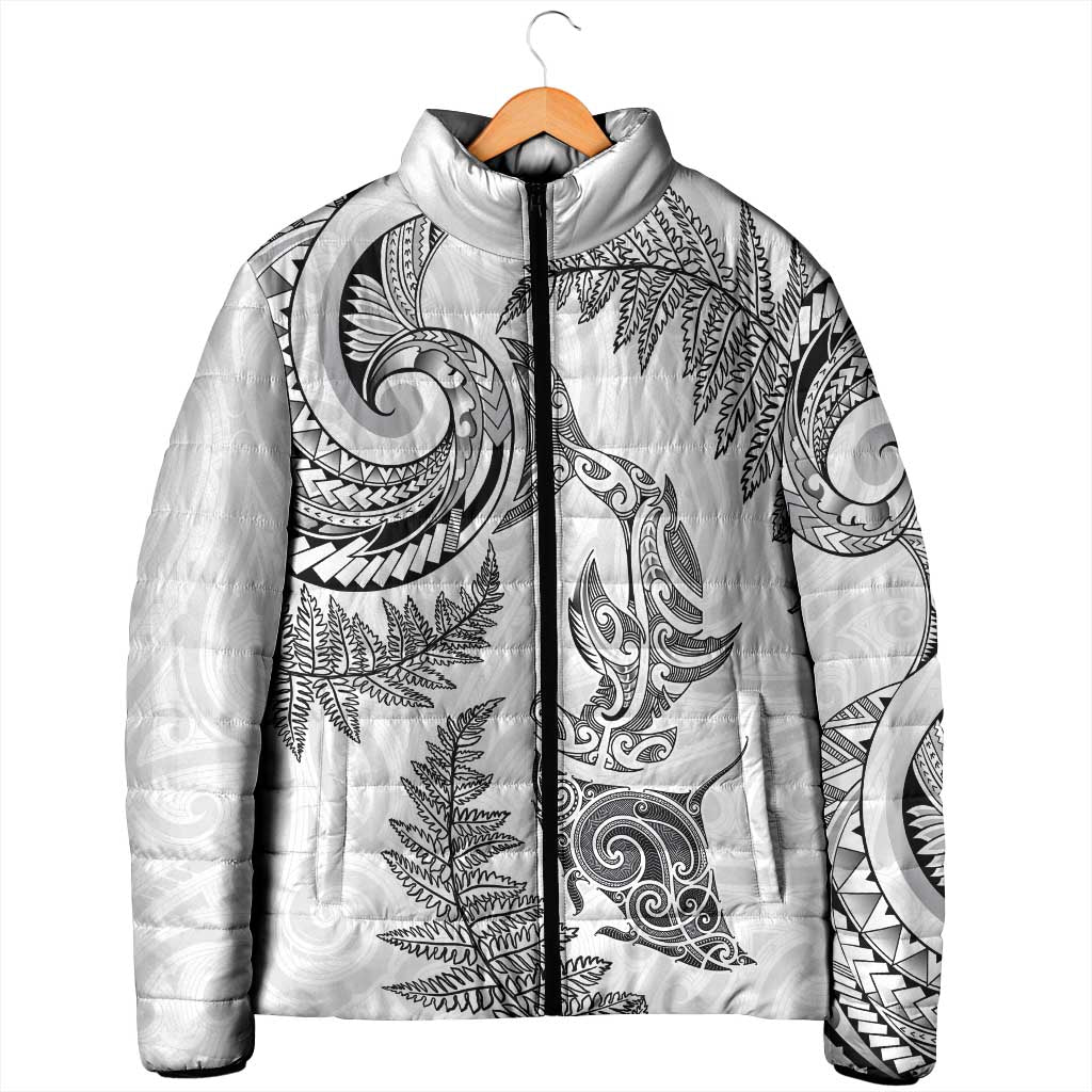 New Zealand Sea Animals with Maori Tribal Tattoo Padded Jacket Shark Manta Ray with Silver Fern White LT03 - Polynesian Pride