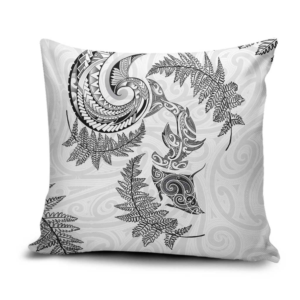 New Zealand Sea Animals with Maori Tribal Tattoo Pillow Cover Shark Manta Ray with Silver Fern White LT03 White - Polynesian Pride