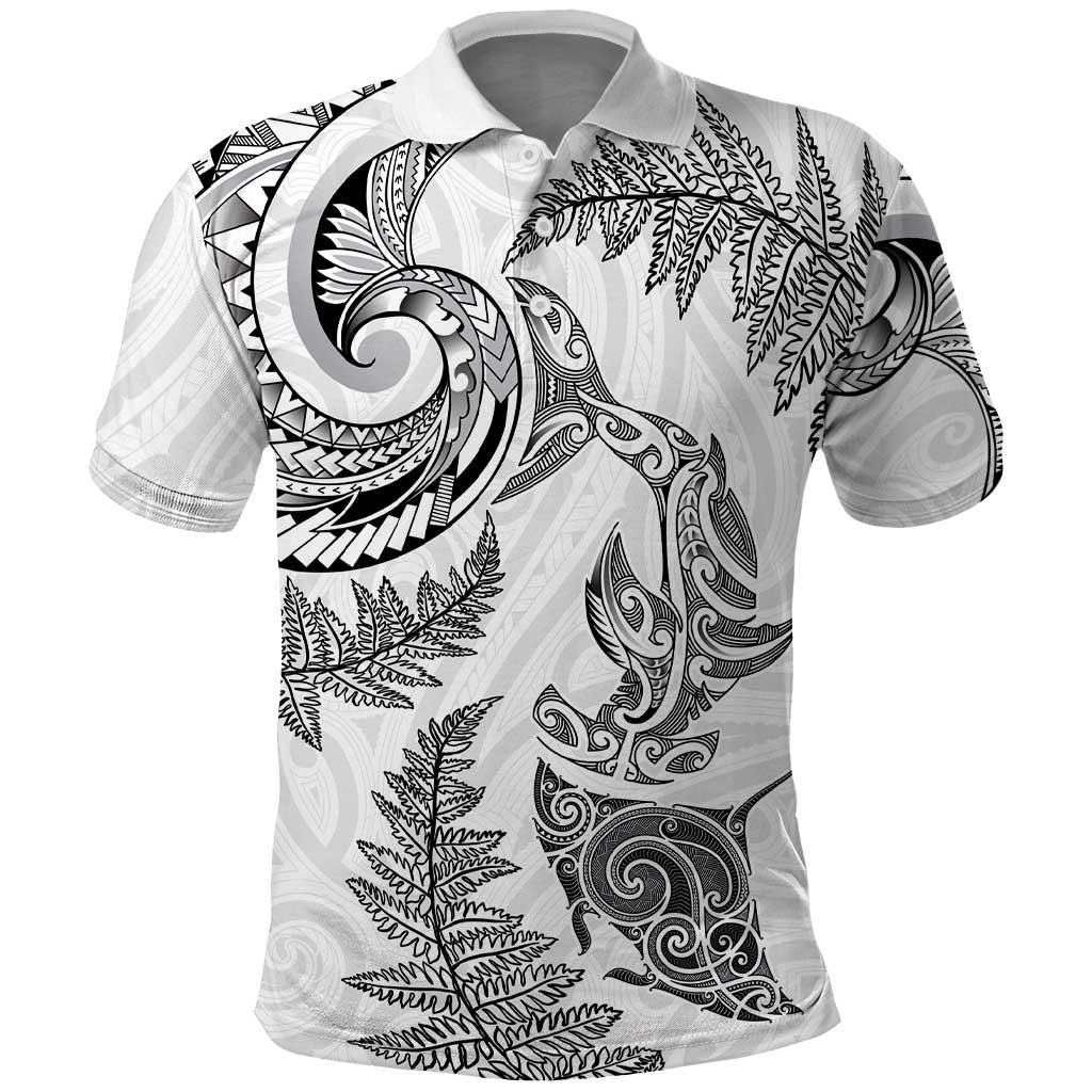 New Zealand Sea Animals with Maori Tribal Tattoo Polo Shirt Shark Manta Ray with Silver Fern White LT03 White - Polynesian Pride