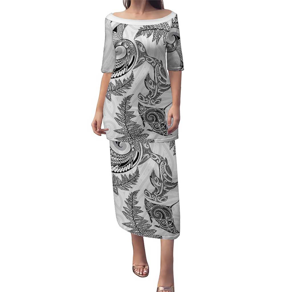 New Zealand Sea Animals with Maori Tribal Tattoo Puletasi Shark Manta Ray with Silver Fern White LT03 Long Dress White - Polynesian Pride