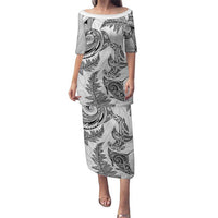 New Zealand Sea Animals with Maori Tribal Tattoo Puletasi Shark Manta Ray with Silver Fern White LT03 Long Dress White - Polynesian Pride