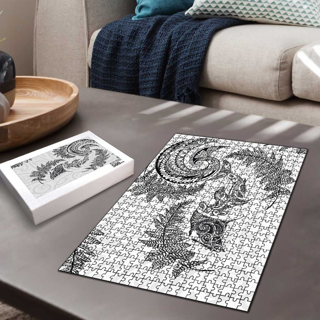 New Zealand Sea Animals with Maori Tribal Tattoo Puzzle Shark Manta Ray with Silver Fern White LT03 - Polynesian Pride