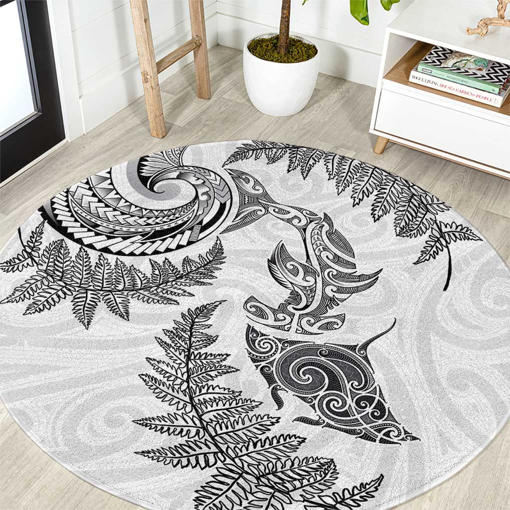 New Zealand Sea Animals with Maori Tribal Tattoo Round Carpet Shark Manta Ray with Silver Fern White LT03 White - Polynesian Pride