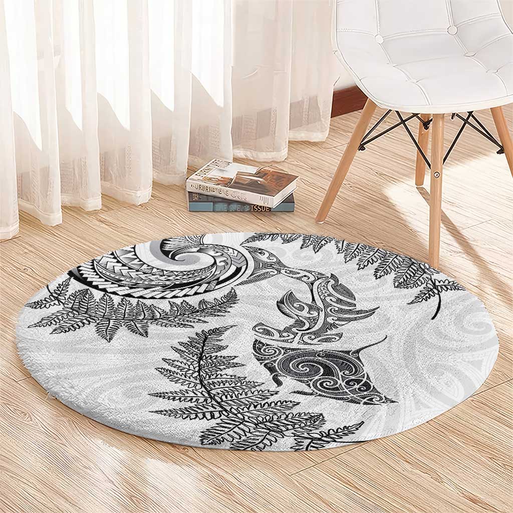 New Zealand Sea Animals with Maori Tribal Tattoo Round Carpet Shark Manta Ray with Silver Fern White LT03 - Polynesian Pride