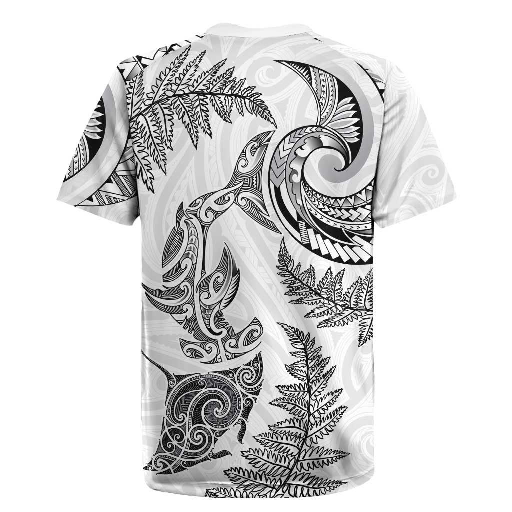 New Zealand Sea Animals with Maori Tribal Tattoo Rugby Jersey Shark Manta Ray with Silver Fern White LT03 - Polynesian Pride