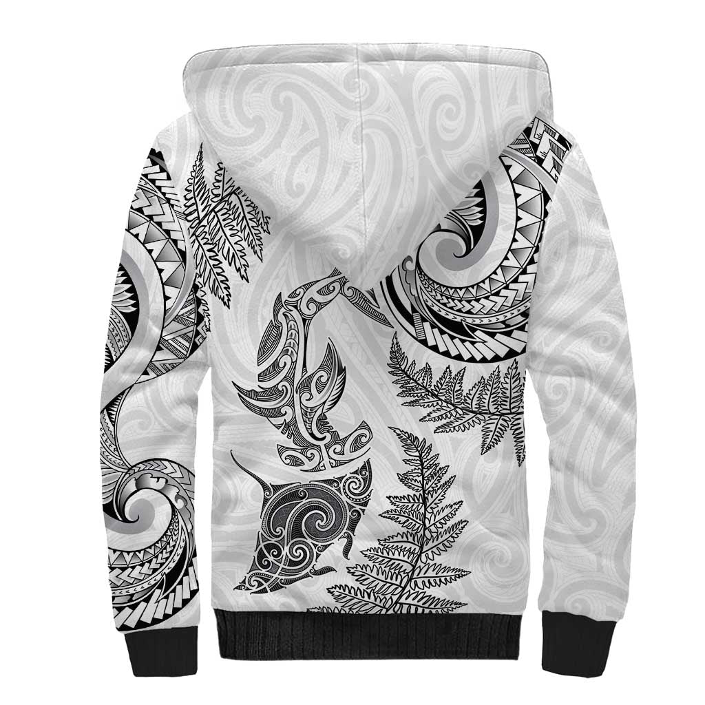 New Zealand Sea Animals with Maori Tribal Tattoo Sherpa Hoodie Shark Manta Ray with Silver Fern White LT03 - Polynesian Pride