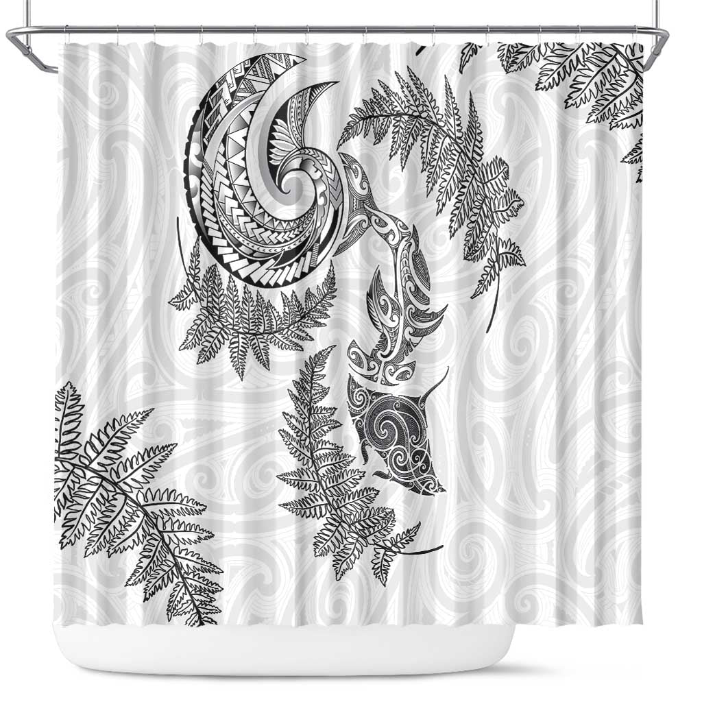 New Zealand Sea Animals with Maori Tribal Tattoo Shower Curtain Shark Manta Ray with Silver Fern White LT03 White - Polynesian Pride