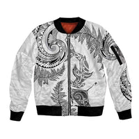 New Zealand Sea Animals with Maori Tribal Tattoo Sleeve Zip Bomber Jacket Shark Manta Ray with Silver Fern White LT03 Unisex White - Polynesian Pride