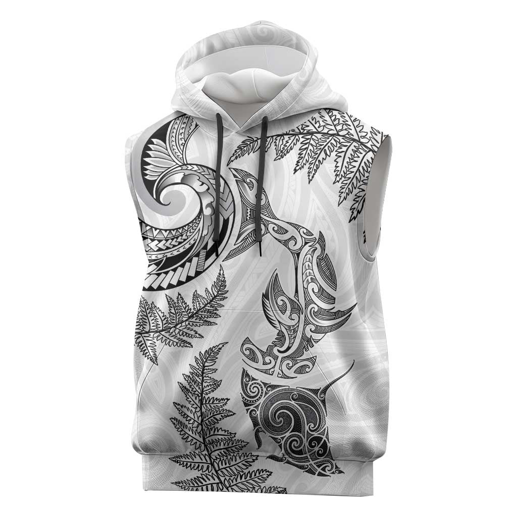 New Zealand Sea Animals with Maori Tribal Tattoo Sleeveless Hoodie Shark Manta Ray with Silver Fern White