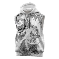 New Zealand Sea Animals with Maori Tribal Tattoo Sleeveless Hoodie Shark Manta Ray with Silver Fern White LT03 White - Polynesian Pride