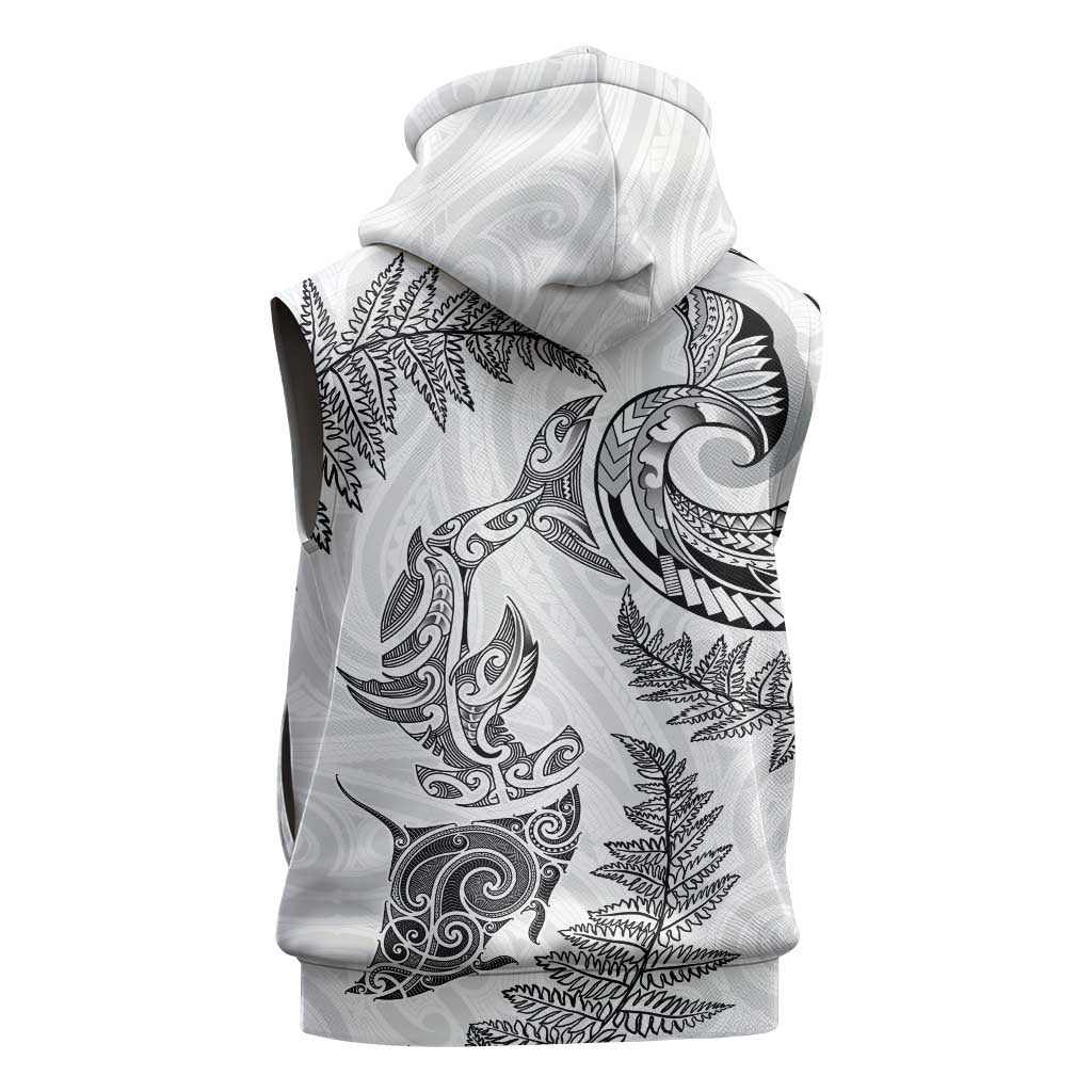 New Zealand Sea Animals with Maori Tribal Tattoo Sleeveless Hoodie Shark Manta Ray with Silver Fern White LT03 - Polynesian Pride