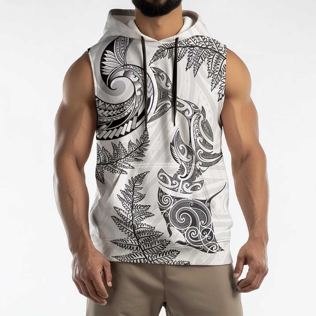 New Zealand Sea Animals with Maori Tribal Tattoo Sleeveless Hoodie Shark Manta Ray with Silver Fern White LT03 - Polynesian Pride
