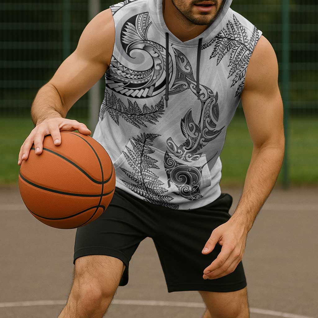 New Zealand Sea Animals with Maori Tribal Tattoo Sleeveless Hoodie Shark Manta Ray with Silver Fern White LT03 - Polynesian Pride