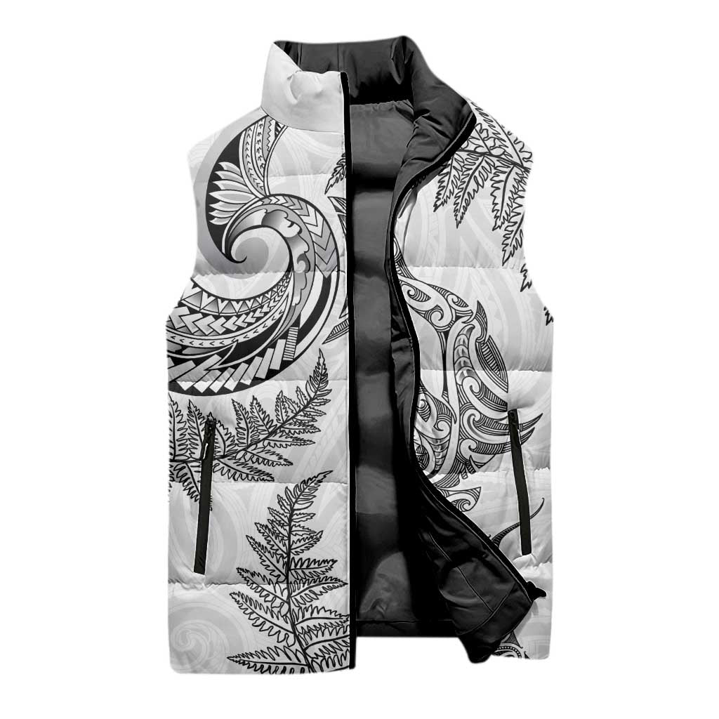 New Zealand Sea Animals with Maori Tribal Tattoo Sleeveless Puffer Jacket Shark Manta Ray with Silver Fern White LT03 - Polynesian Pride