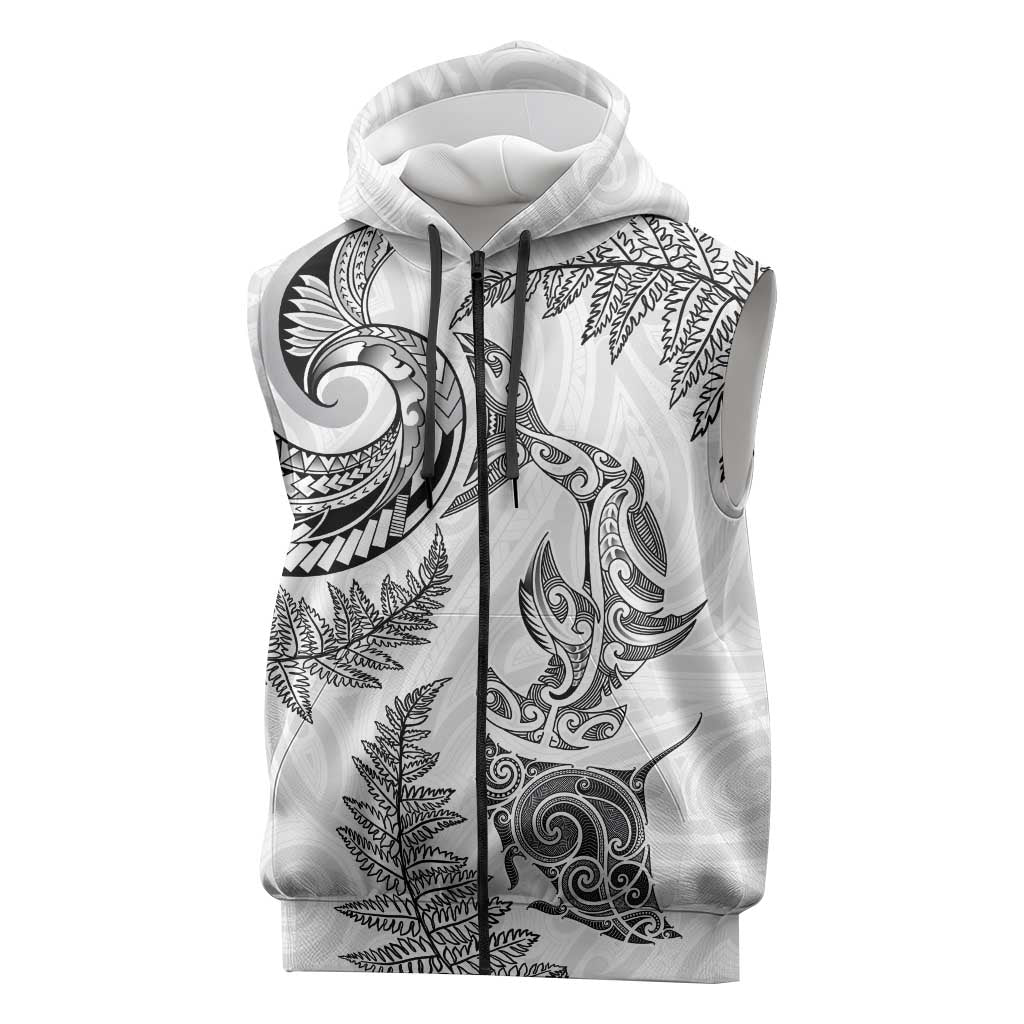 New Zealand Sea Animals with Maori Tribal Tattoo Sleeveless Zip Hoodie Shark Manta Ray with Silver Fern White
