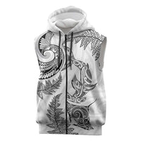 New Zealand Sea Animals with Maori Tribal Tattoo Sleeveless Zip Hoodie Shark Manta Ray with Silver Fern White LT03 White - Polynesian Pride