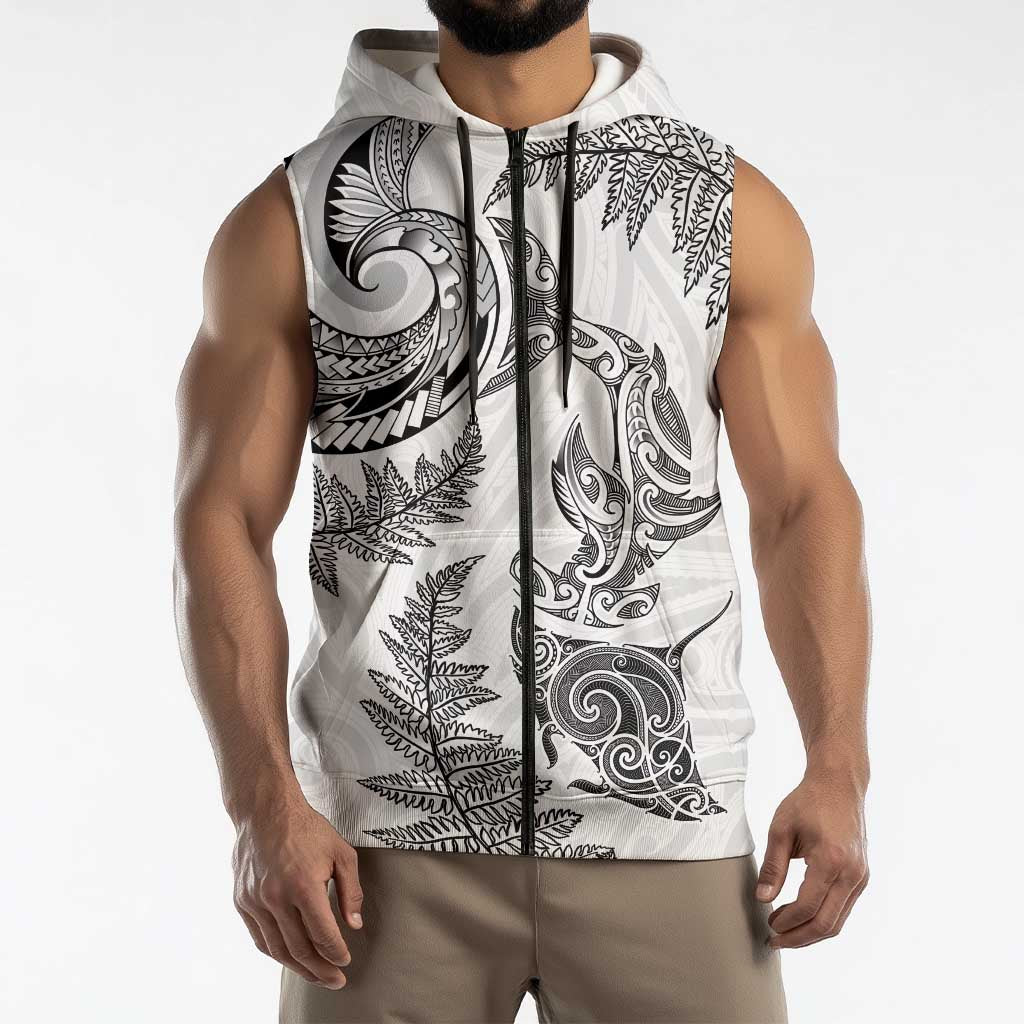 New Zealand Sea Animals with Maori Tribal Tattoo Sleeveless Zip Hoodie Shark Manta Ray with Silver Fern White LT03 - Polynesian Pride