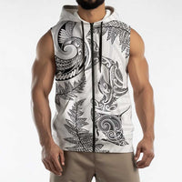 New Zealand Sea Animals with Maori Tribal Tattoo Sleeveless Zip Hoodie Shark Manta Ray with Silver Fern White LT03 - Polynesian Pride