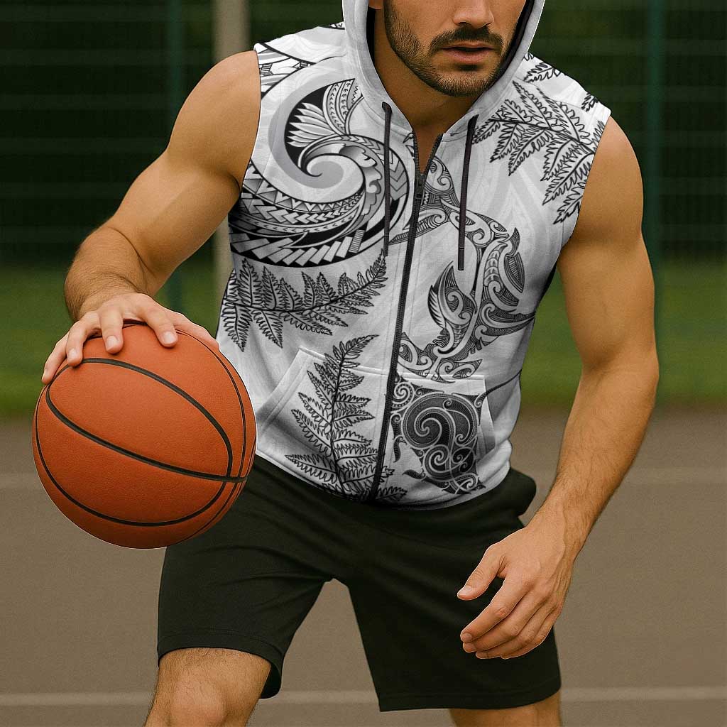 New Zealand Sea Animals with Maori Tribal Tattoo Sleeveless Zip Hoodie Shark Manta Ray with Silver Fern White LT03 - Polynesian Pride