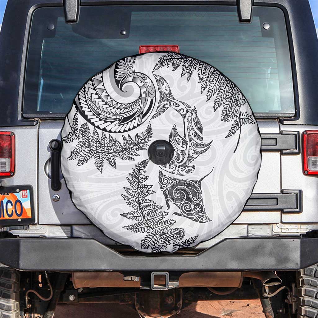 New Zealand Sea Animals with Maori Tribal Tattoo Spare Tire Cover Shark Manta Ray with Silver Fern White LT03 White - Polynesian Pride