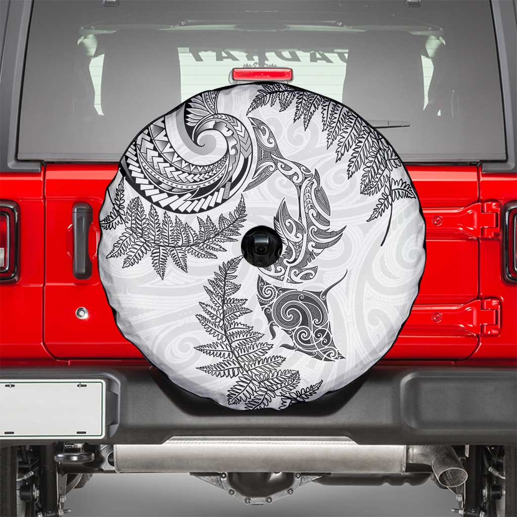 New Zealand Sea Animals with Maori Tribal Tattoo Spare Tire Cover Shark Manta Ray with Silver Fern White LT03 - Polynesian Pride