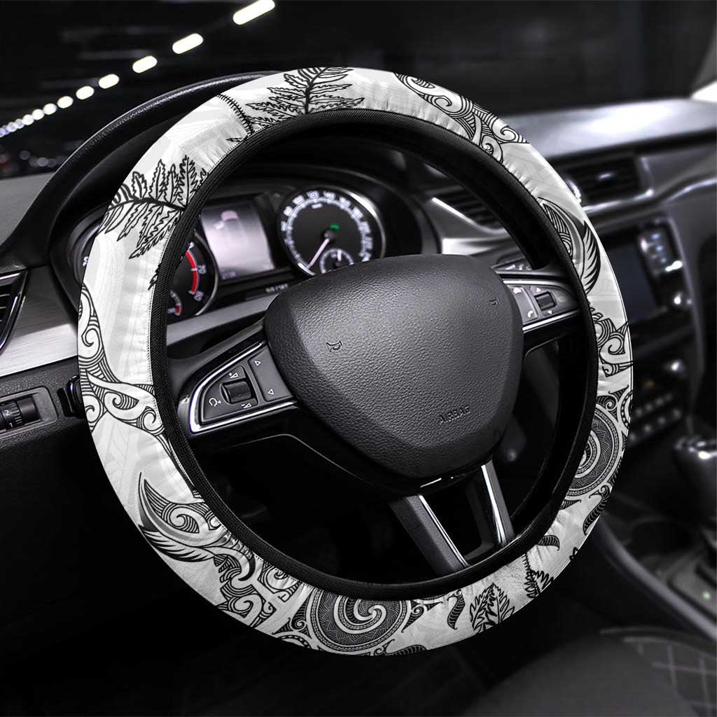 New Zealand Sea Animals with Maori Tribal Tattoo Steering Wheel Cover Shark Manta Ray with Silver Fern White