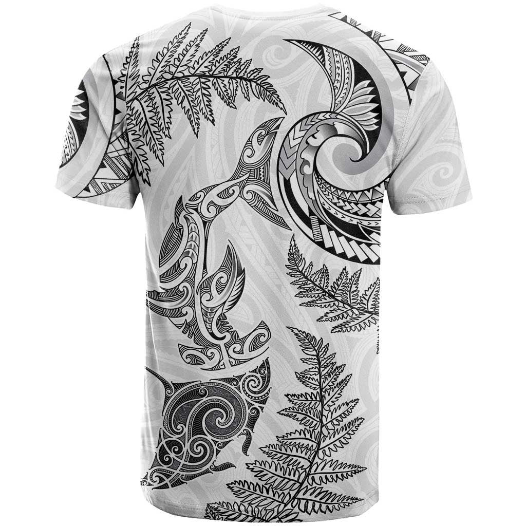 New Zealand Sea Animals with Maori Tribal Tattoo T Shirt Shark Manta Ray with Silver Fern White LT03 - Polynesian Pride