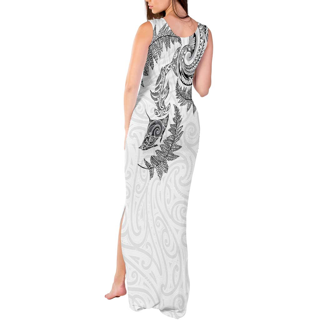 New Zealand Sea Animals with Maori Tribal Tattoo Tank Maxi Dress Shark Manta Ray with Silver Fern White LT03 - Polynesian Pride