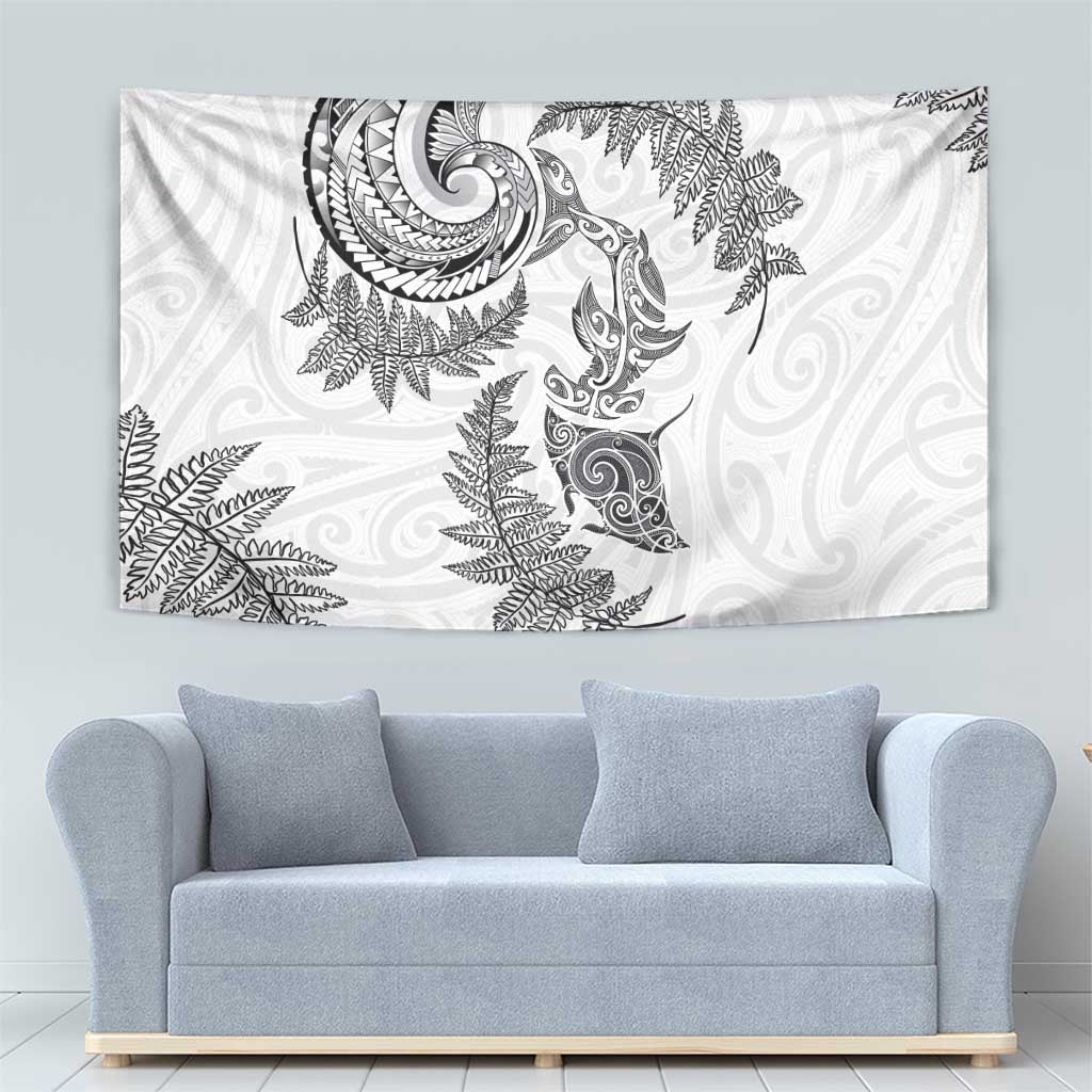 New Zealand Sea Animals with Maori Tribal Tattoo Tapestry Shark Manta Ray with Silver Fern White LT03 - Polynesian Pride