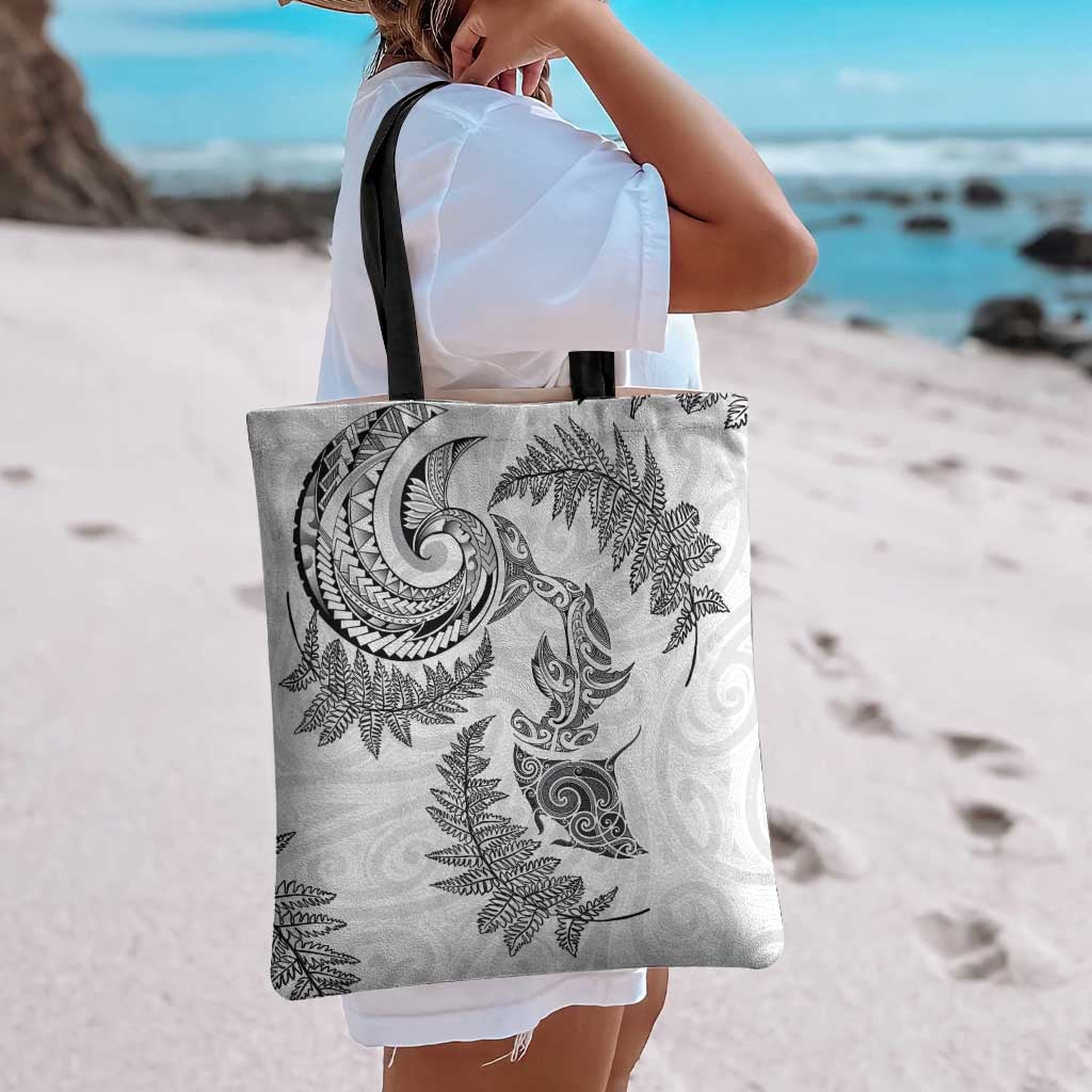 New Zealand Sea Animals with Maori Tribal Tattoo Tote Bag Shark Manta Ray with Silver Fern White LT03 - Polynesian Pride