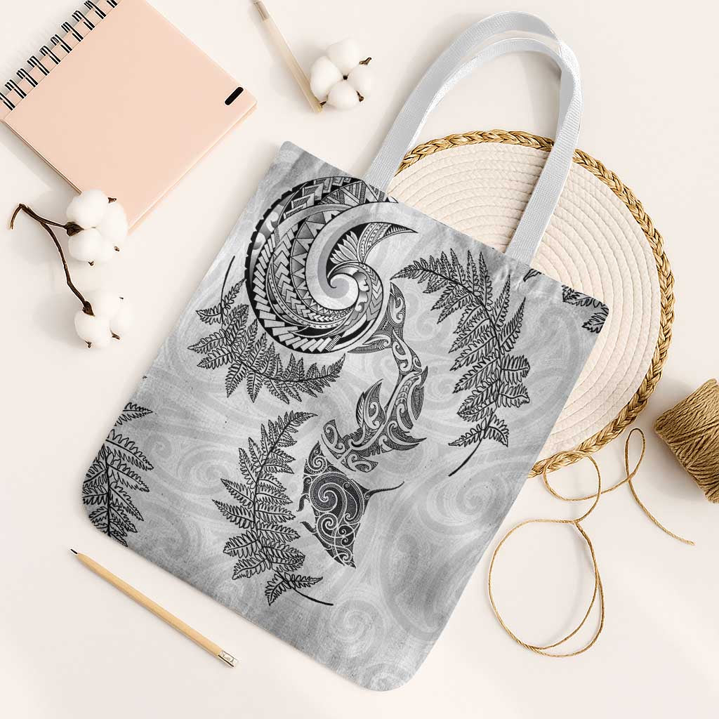 New Zealand Sea Animals with Maori Tribal Tattoo Tote Bag Shark Manta Ray with Silver Fern White LT03 White Strap One Size White - Polynesian Pride