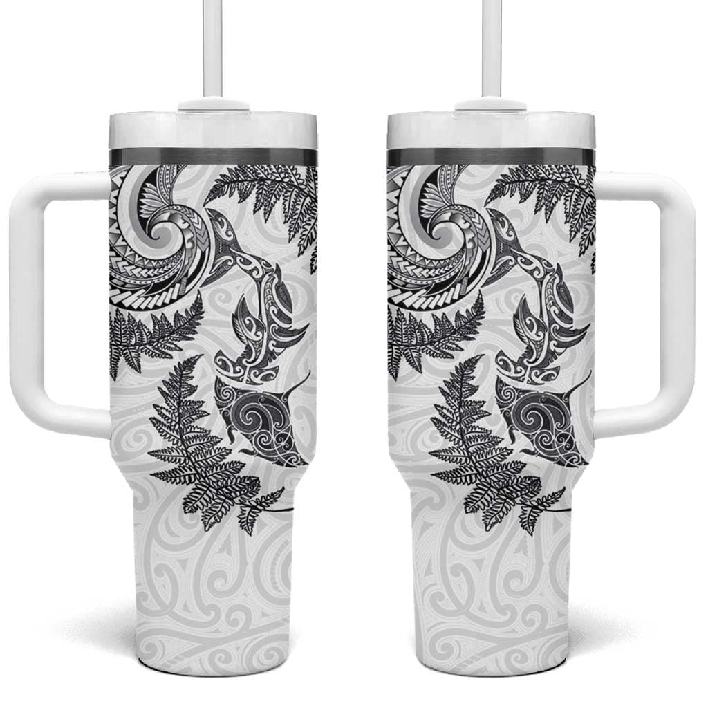 New Zealand Sea Animals with Maori Tribal Tattoo Tumbler With Handle Shark Manta Ray with Silver Fern White LT03 One Size: 40 oz White - Polynesian Pride