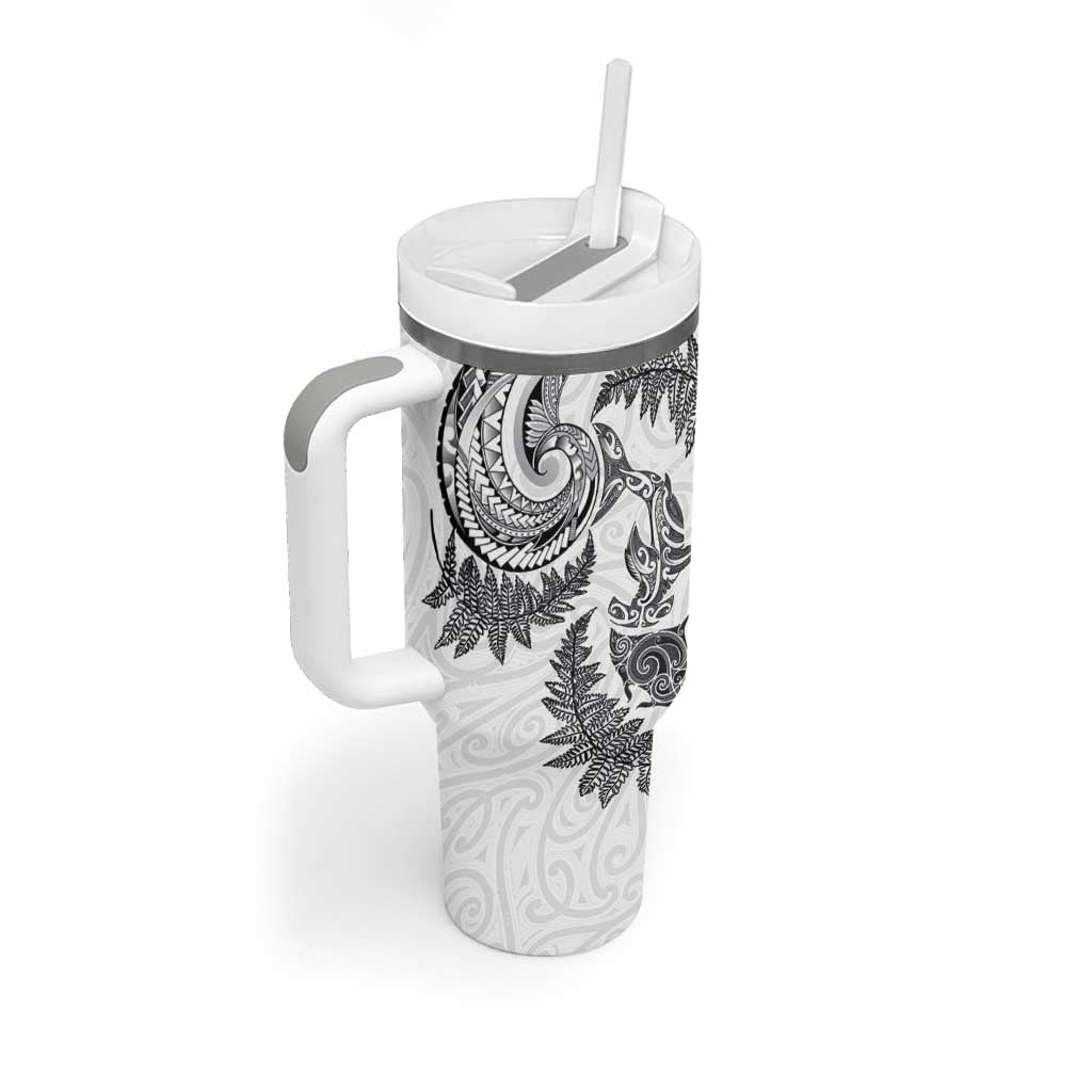 New Zealand Sea Animals with Maori Tribal Tattoo Tumbler With Handle Shark Manta Ray with Silver Fern White LT03 - Polynesian Pride