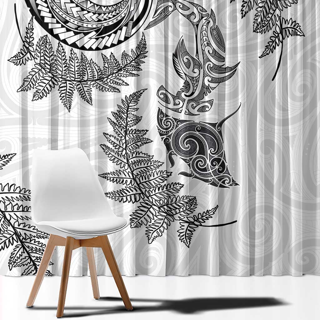 New Zealand Sea Animals with Maori Tribal Tattoo Window Curtain Shark Manta Ray with Silver Fern White LT03 - Polynesian Pride