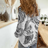 New Zealand Sea Animals with Maori Tribal Tattoo Women Casual Shirt Shark Manta Ray with Silver Fern White LT03 - Polynesian Pride